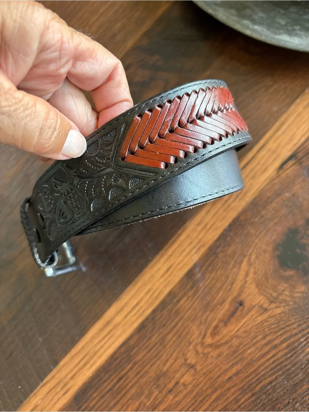 Western Hand Tooled Leather Rodeo Black/Brown Leather Belt, Cowboy, Unisex 34
